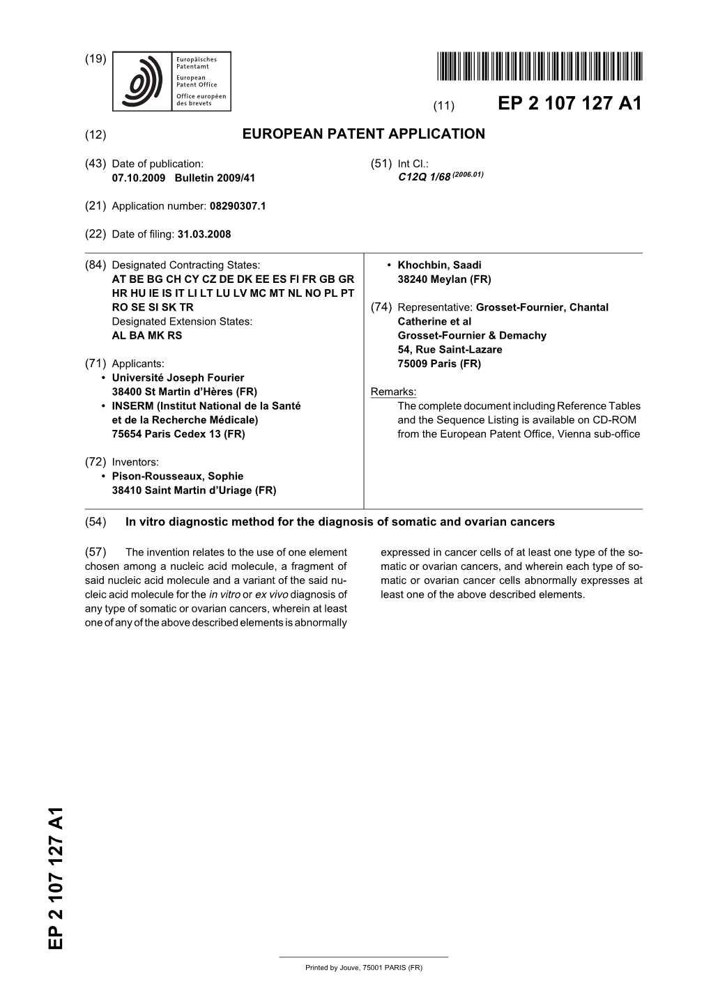 In Vitro Diagnostic Method for the Diagnosis of Somatic and Ovarian Cancers