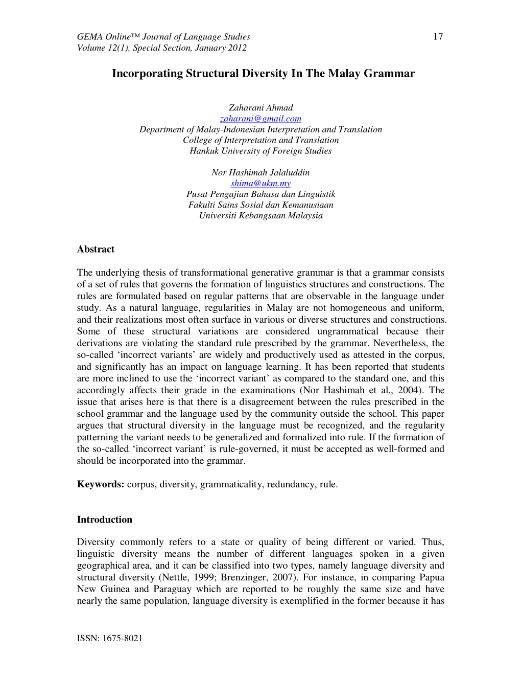 Incorporating Structural Diversity in the Malay Grammar