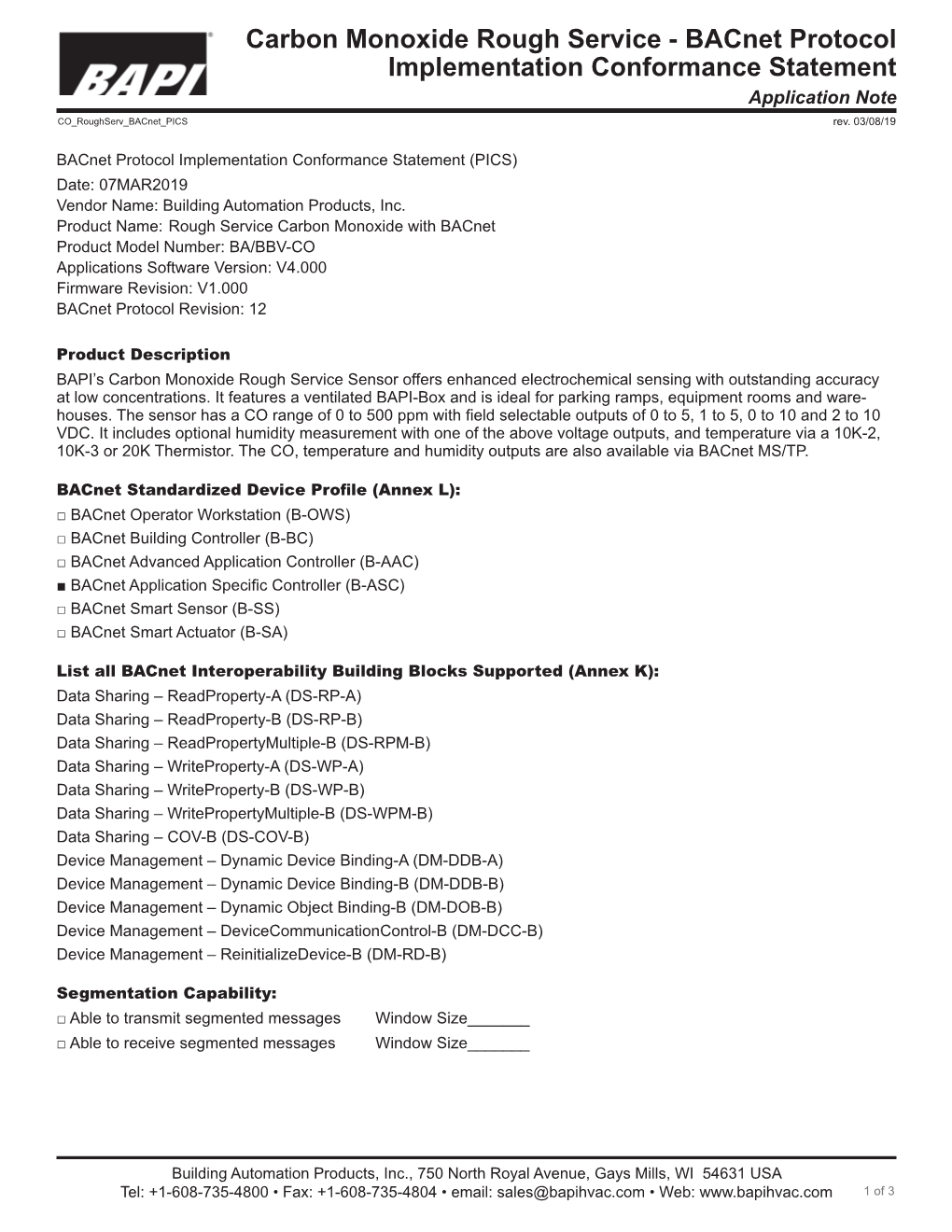 Carbon Monoxide Rough Service - Bacnet Protocol Implementation Conformance Statement Application Note CO Roughserv Bacnet PICS Rev