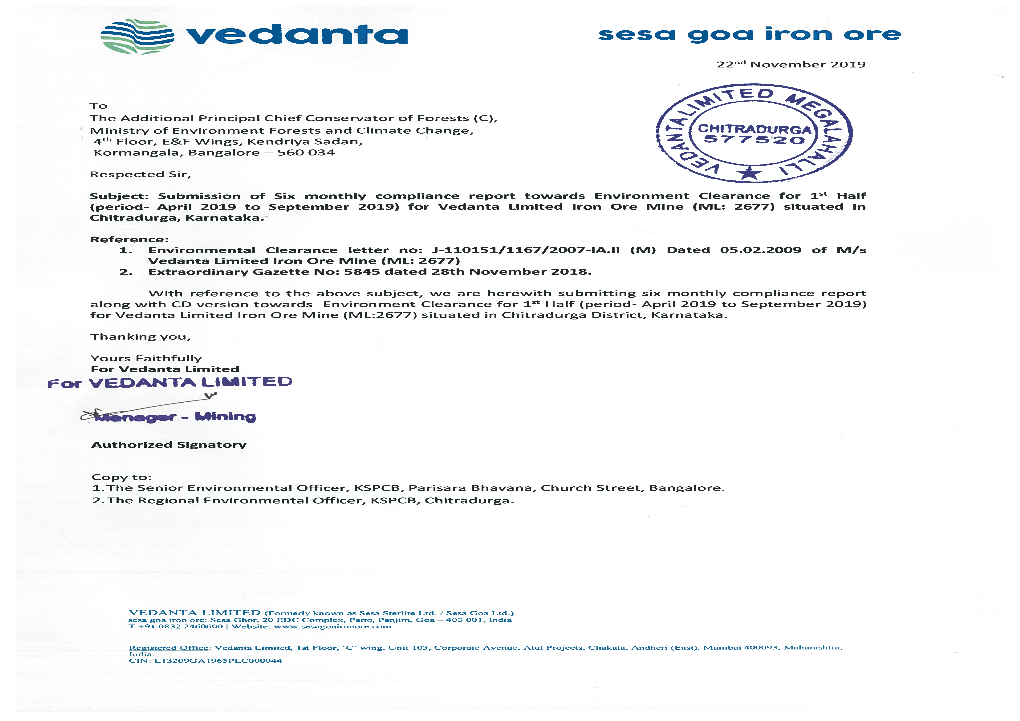 For Vedanta Limited Iron Ore Mine, (Mining Lease: 2677) Letter No