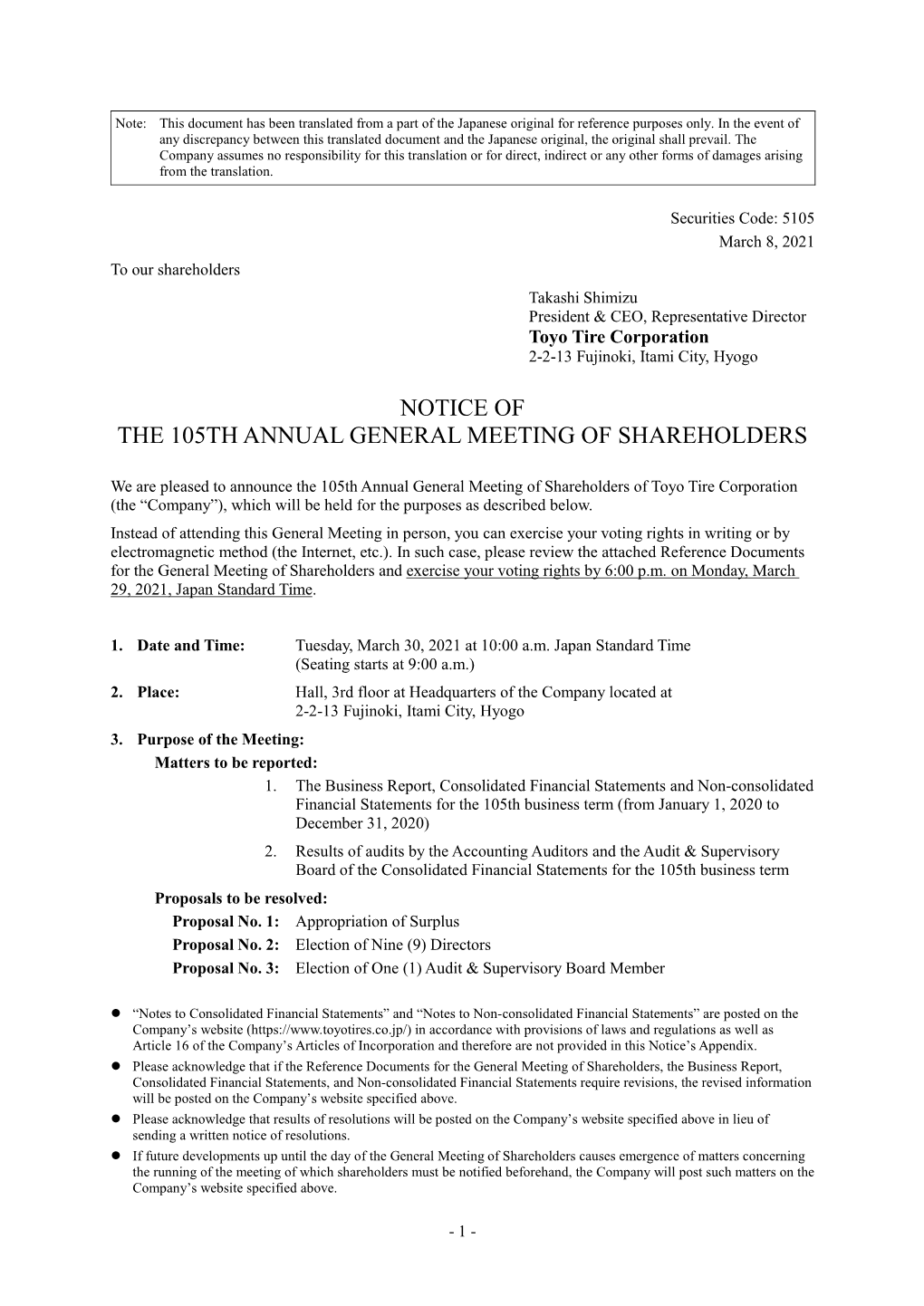 Notice of the 105Th Annual General Meeting of Shareholders