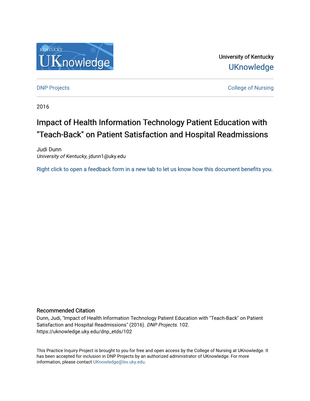 Impact of Health Information Technology Patient Education with "Teach-Back" on Patient Satisfaction and Hospital Readmissions