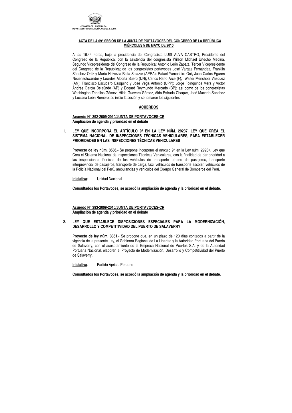 Acta De La 69° Sesión De La Junta De Portavoces Del Congreso De La República Miércoles 5 De Mayo De 2010