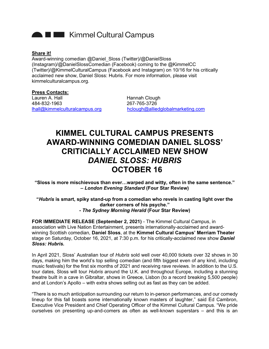 Kimmel Cultural Campus Presents Award-Winning Comedian Daniel Sloss' Criticially Acclaimed New Show Daniel Sloss: Hubris
