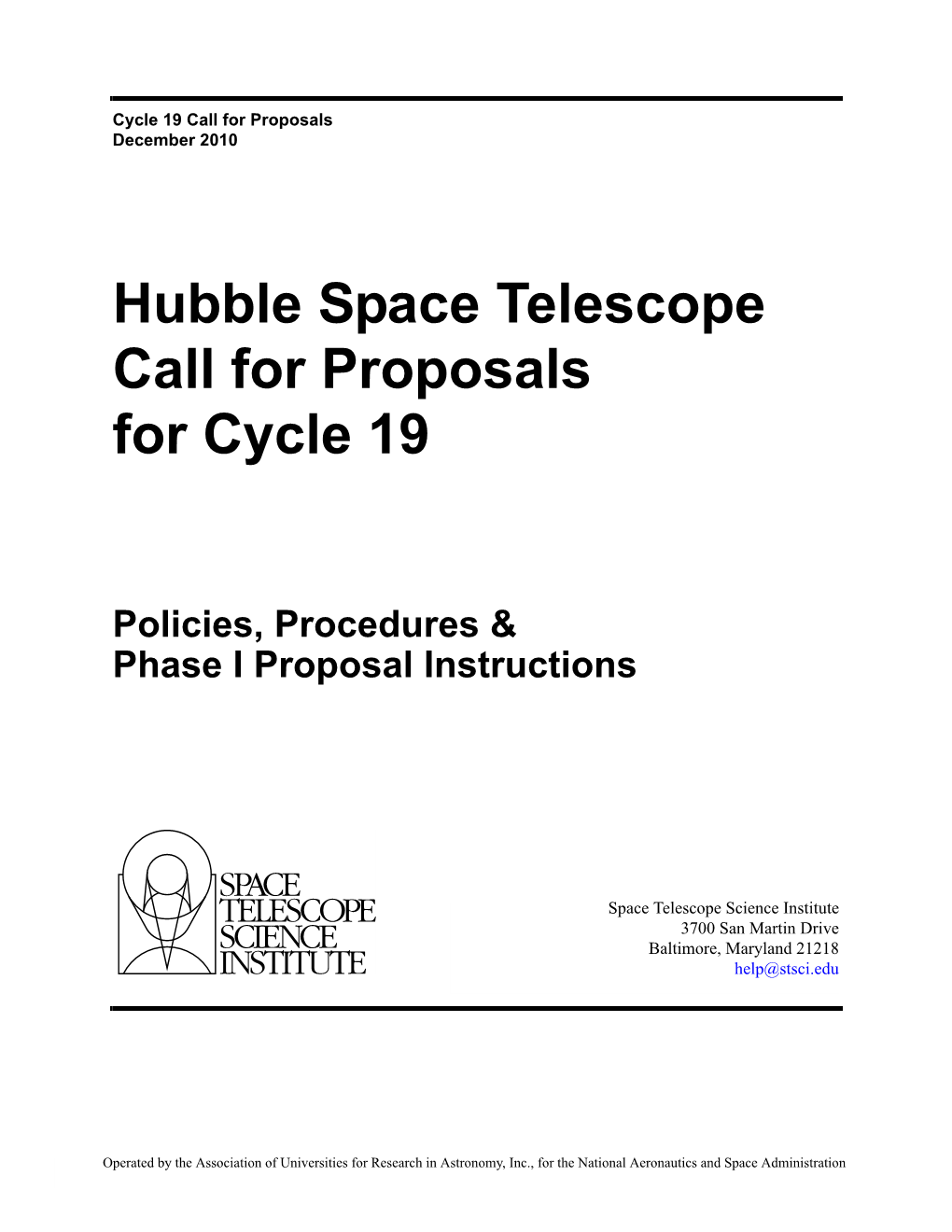 Hubble Space Telescope Call for Proposals for Cycle 19