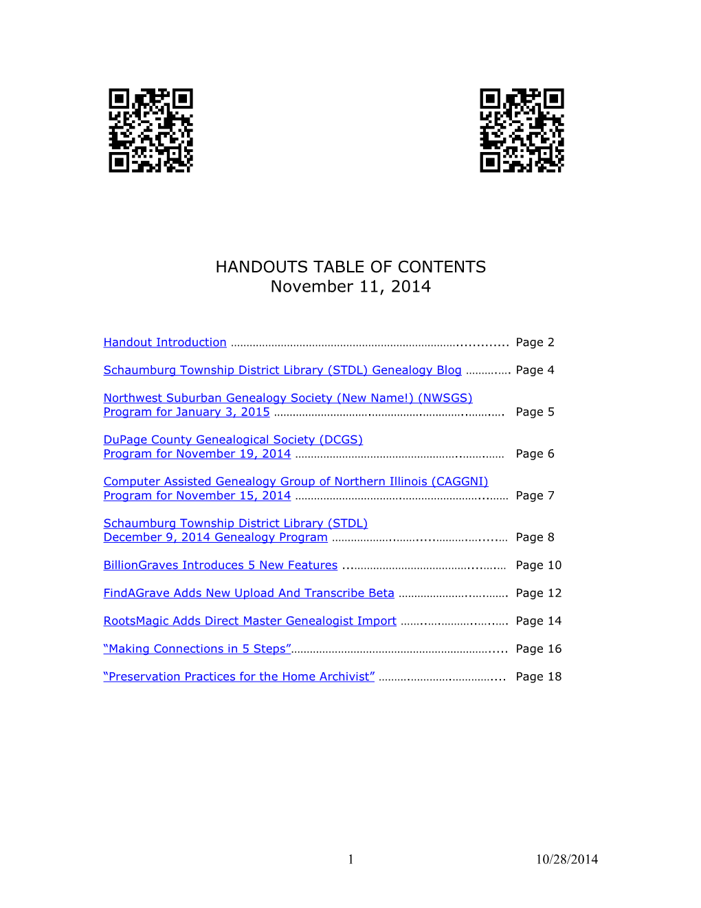 HANDOUTS TABLE of CONTENTS November 11, 2014