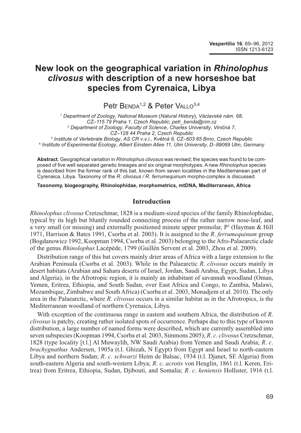 New Look on the Geographical Variation in Rhinolophus Clivosus with Description of a New Horseshoe Bat Species from Cyrenaica, Libya