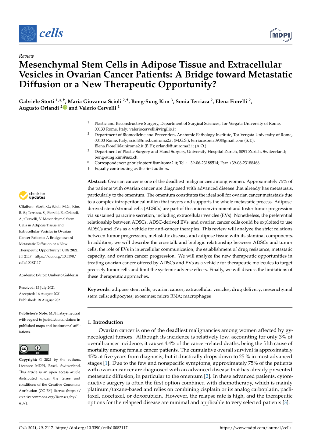 Mesenchymal Stem Cells in Adipose Tissue and Extracellular Vesicles in Ovarian Cancer Patients: a Bridge Toward Metastatic Diffusion Or a New Therapeutic Opportunity?