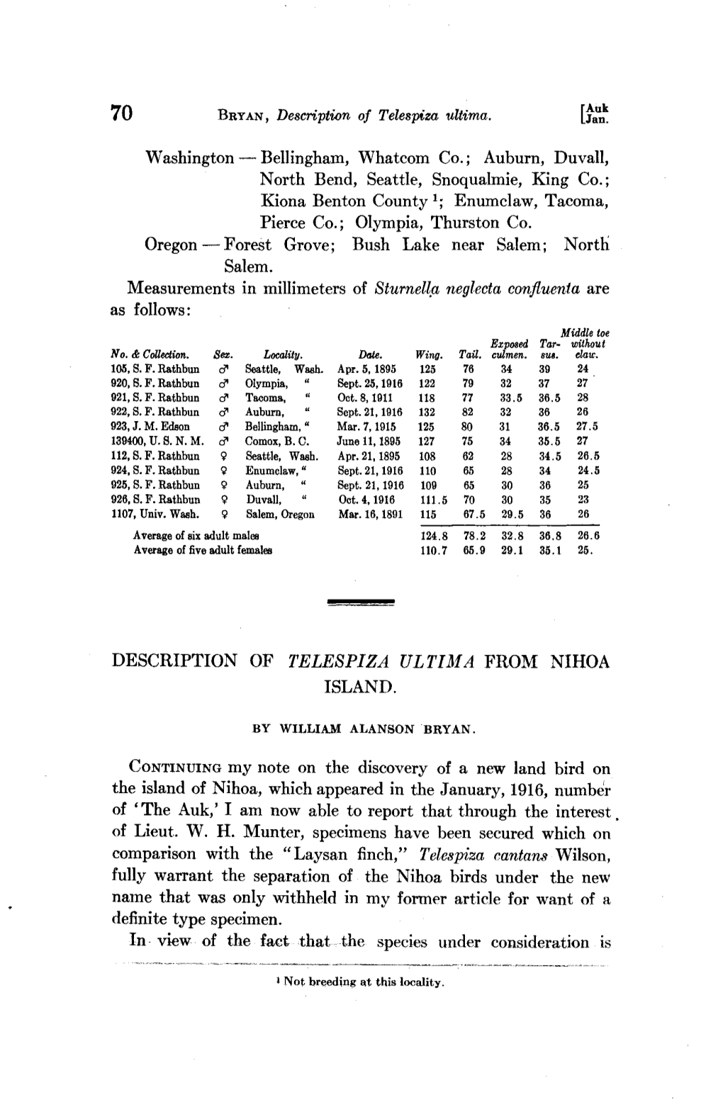 Description of Telespiza Ultima from Nihoa Island