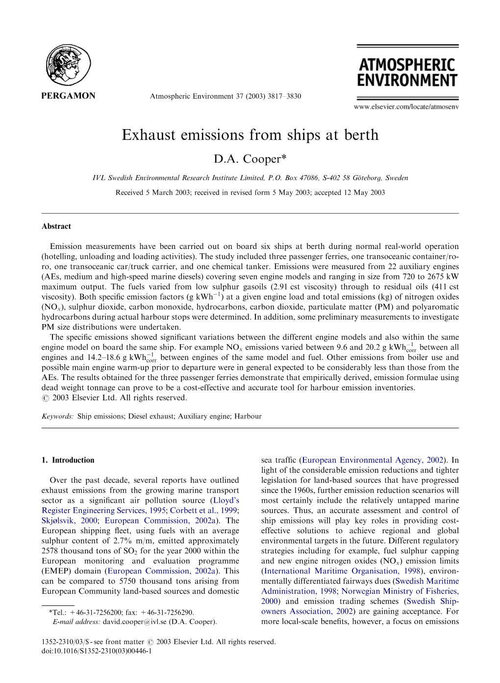 Exhaust Emissions from Ships at Berth D.A