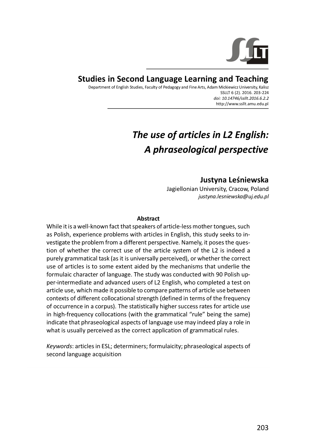 The Use of Articles in L2 English: a Phraseological Perspective