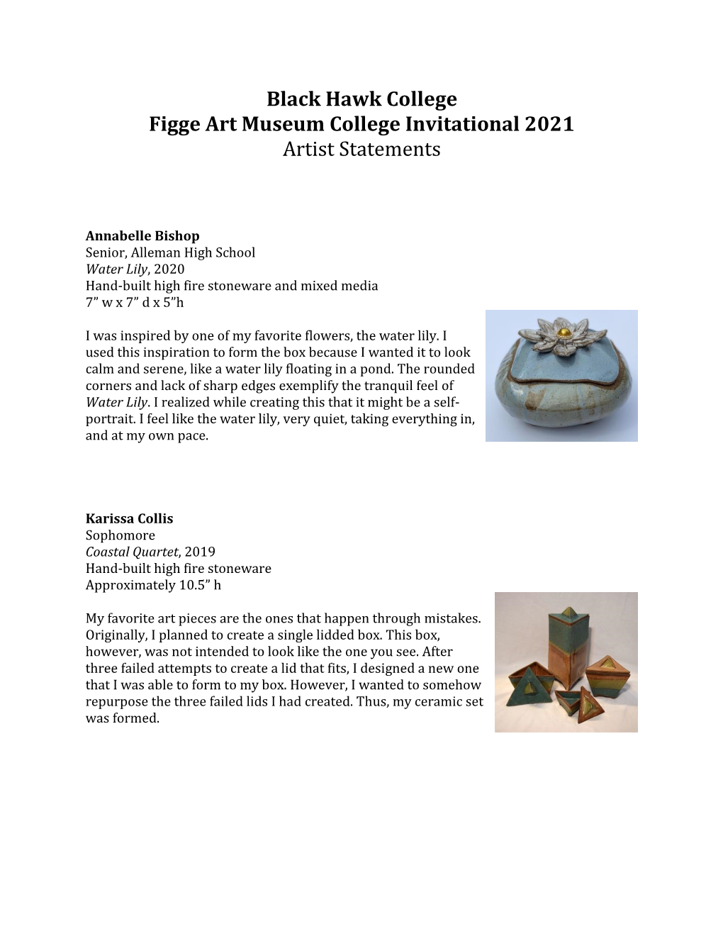 Black Hawk College Figge Art Museum College Invitational 2021 Artist Statements