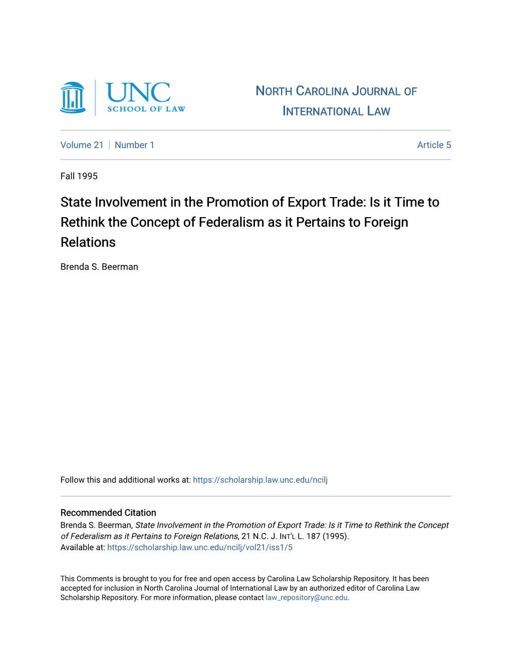 State Involvement in the Promotion of Export Trade: Is It Time to Rethink the Concept of Federalism As It Pertains to Foreign Relations