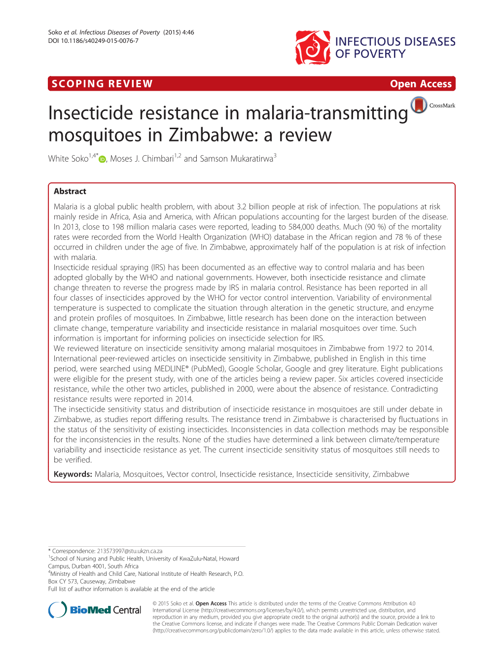 Insecticide Resistance in Malaria-Transmitting Mosquitoes in Zimbabwe: a Review White Soko1,4* , Moses J