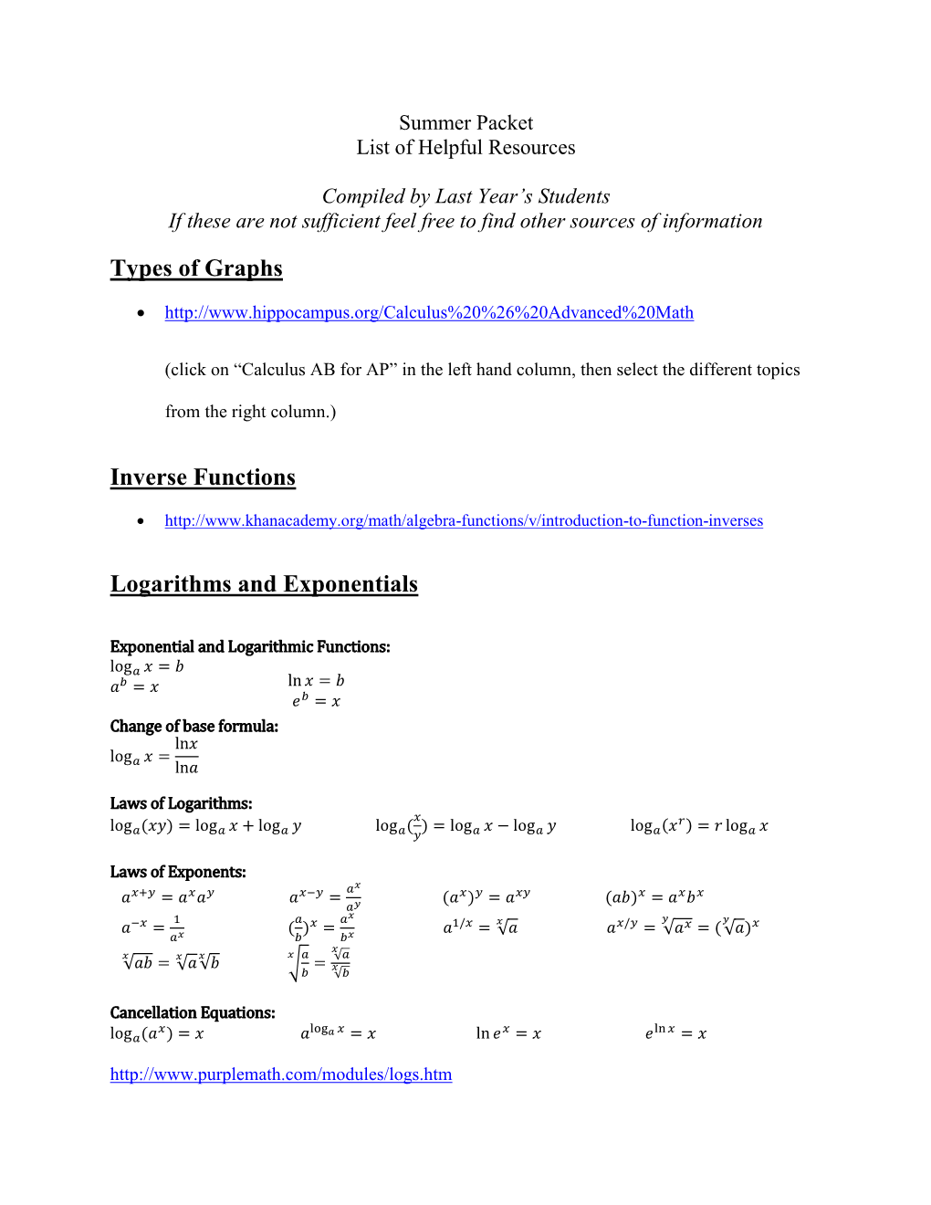 Types of Graphs Inverse Functions Logarithms and Exponentials