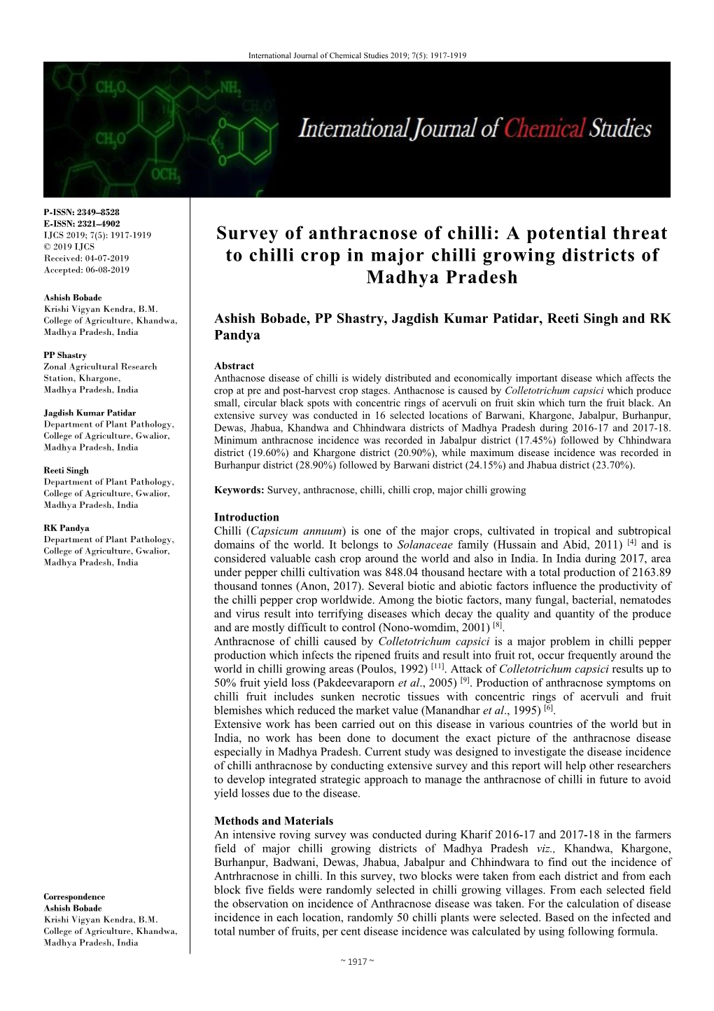 Survey of Anthracnose of Chilli: a Potential Threat to Chilli Crop in Major Chilli Growing Districts of Madhya Pradesh