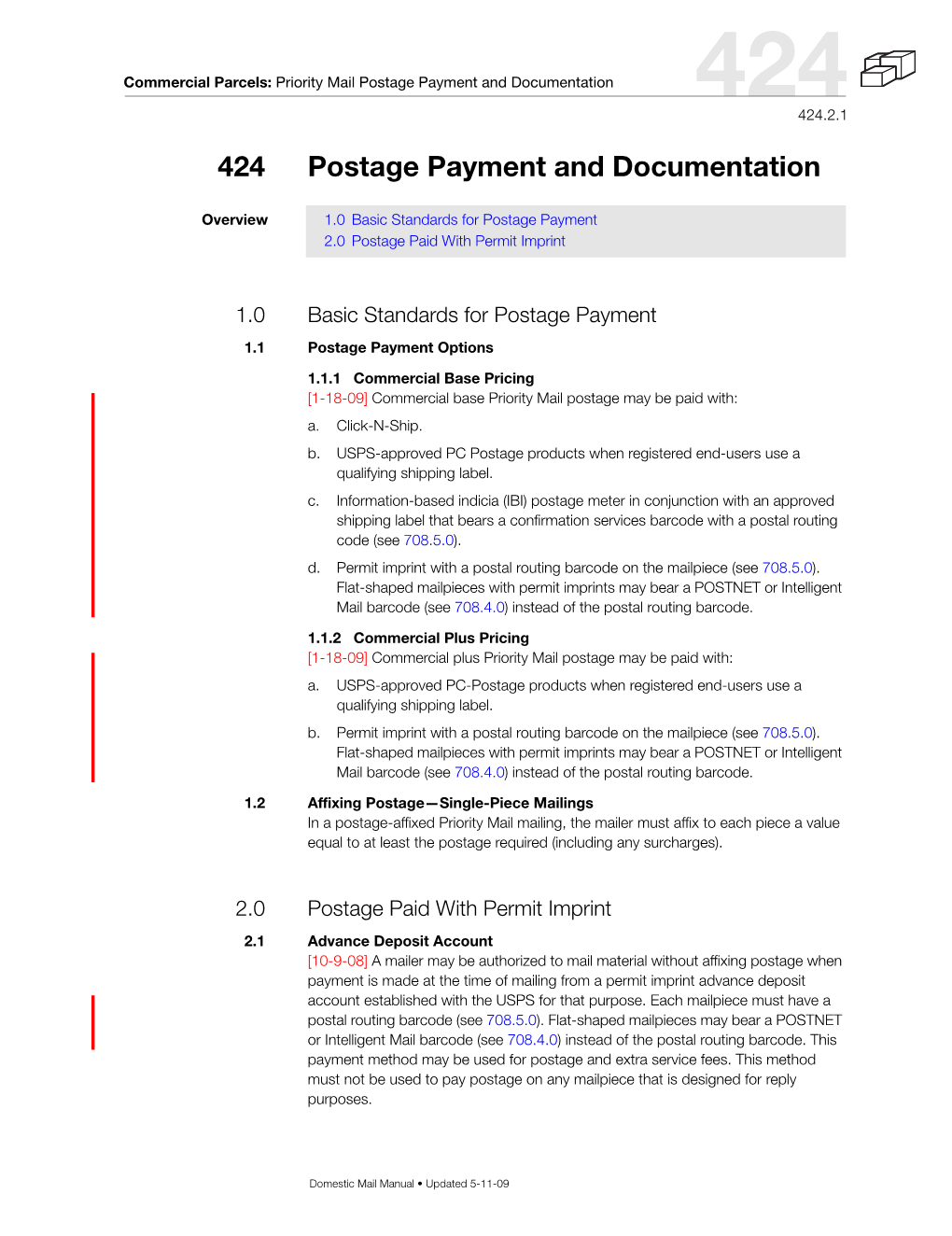 424 Postage Payment and Documentation