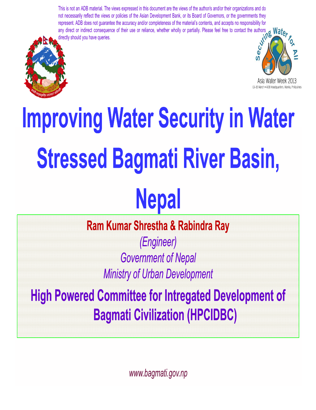 Improving Water Security in Water Stressed Bagmati River Basin In