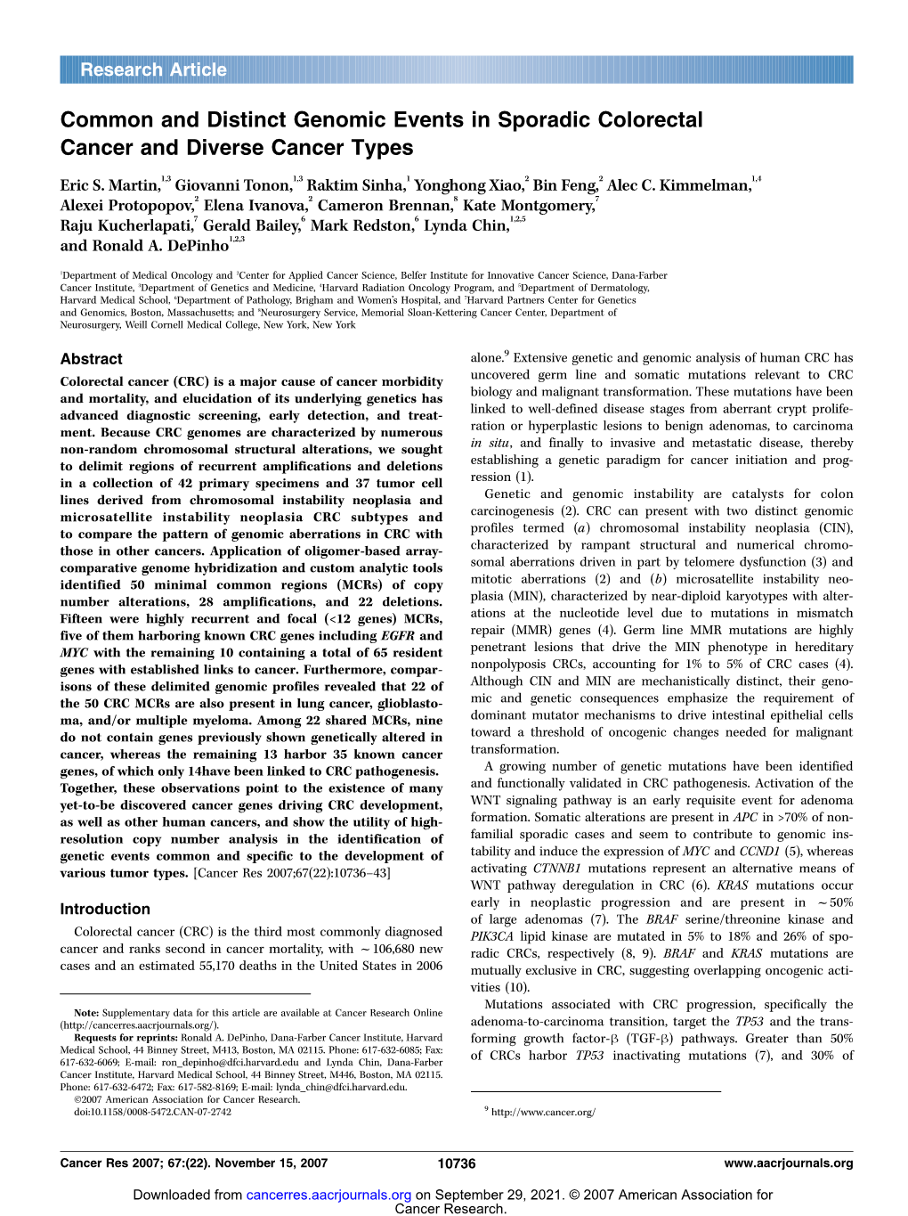 Common and Distinct Genomic Events in Sporadic Colorectal Cancer and Diverse Cancer Types