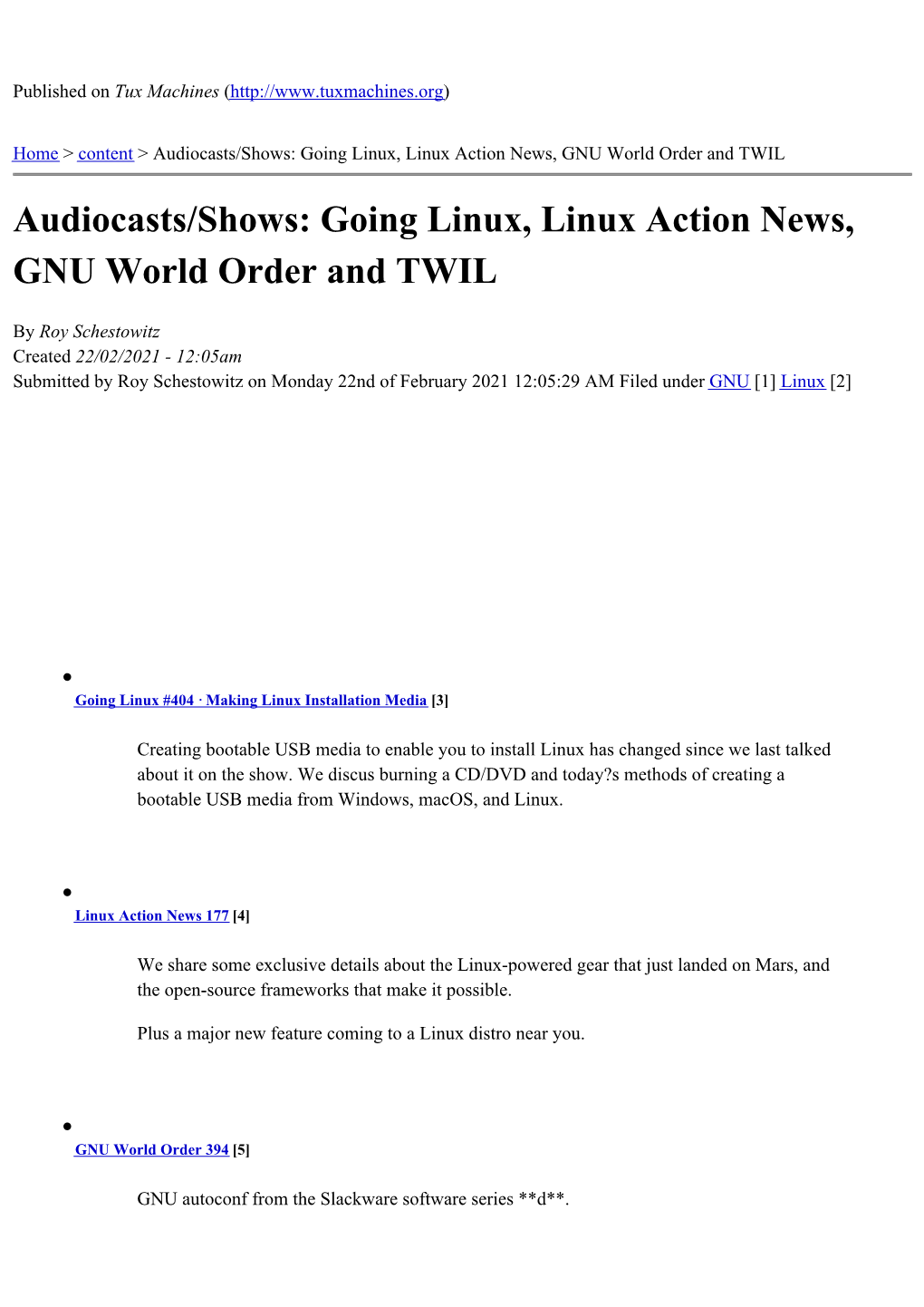 Going Linux, Linux Action News, GNU World Order and TWIL