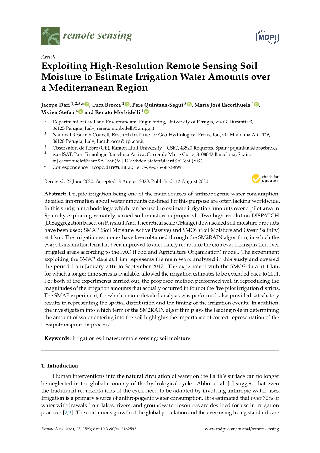 Exploiting High-Resolution Remote Sensing Soil Moisture to Estimate Irrigation Water Amounts Over a Mediterranean Region