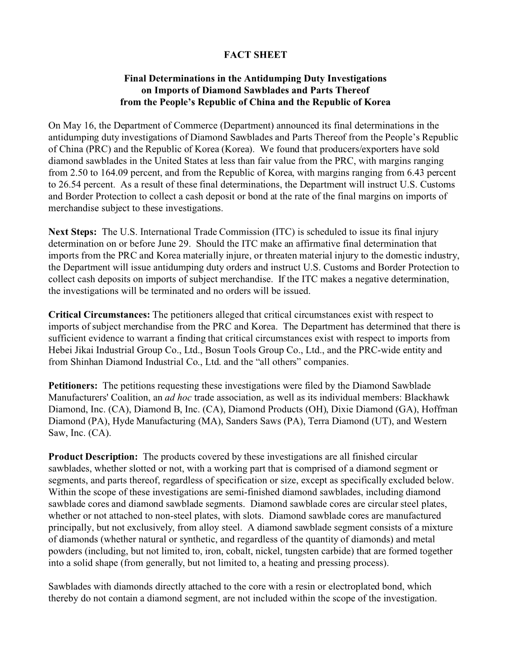 FACT SHEET Final Determinations in the Antidumping Duty Investigations