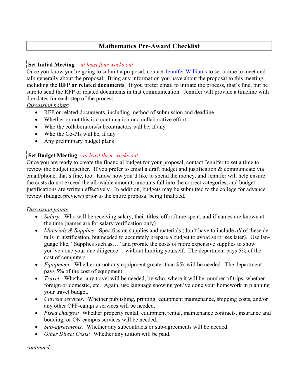 Plant Pathology Pre-Award Checklist