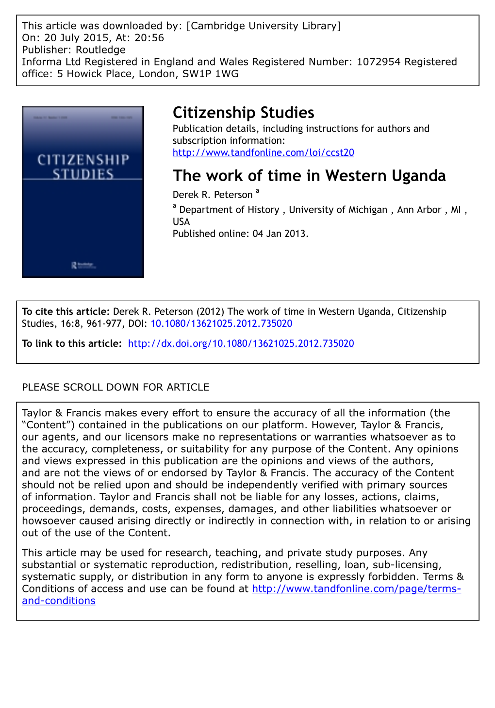 Citizenship Studies the Work of Time in Western Uganda