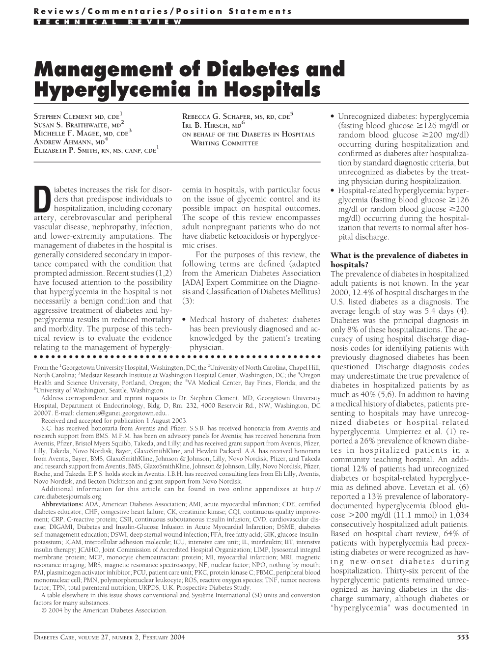 Management of Diabetes and Hyperglycemia in Hospitals
