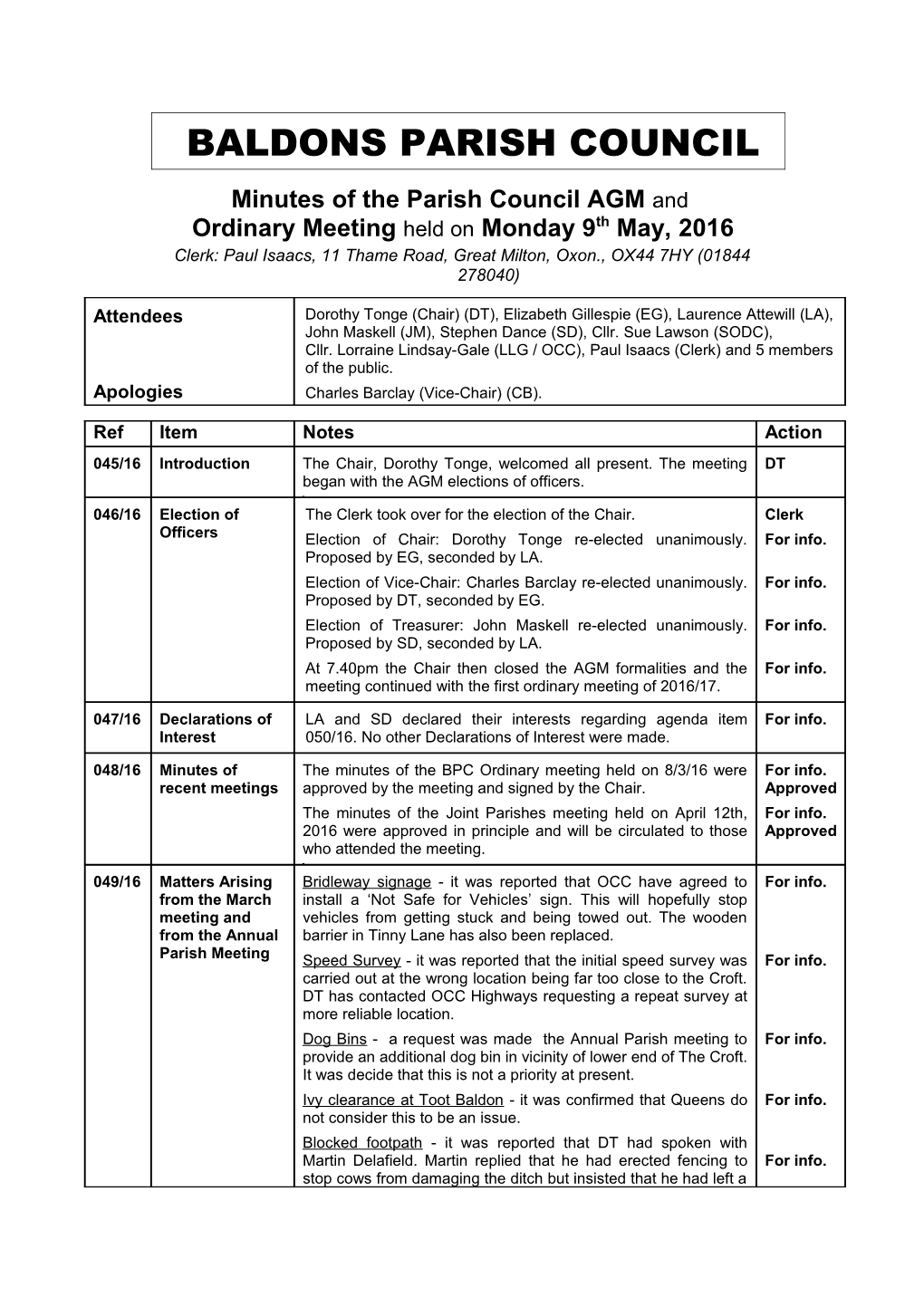 Minutes of the Parish Council AGM And