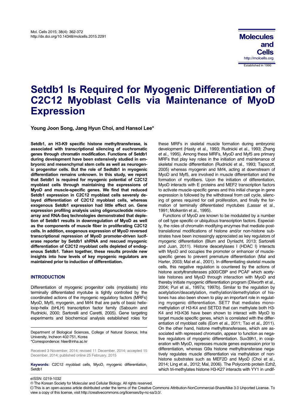 Setdb1 Is Required for Myogenic Differentiation of C2C12 Myoblast Cells Via Maintenance of Myod Expression