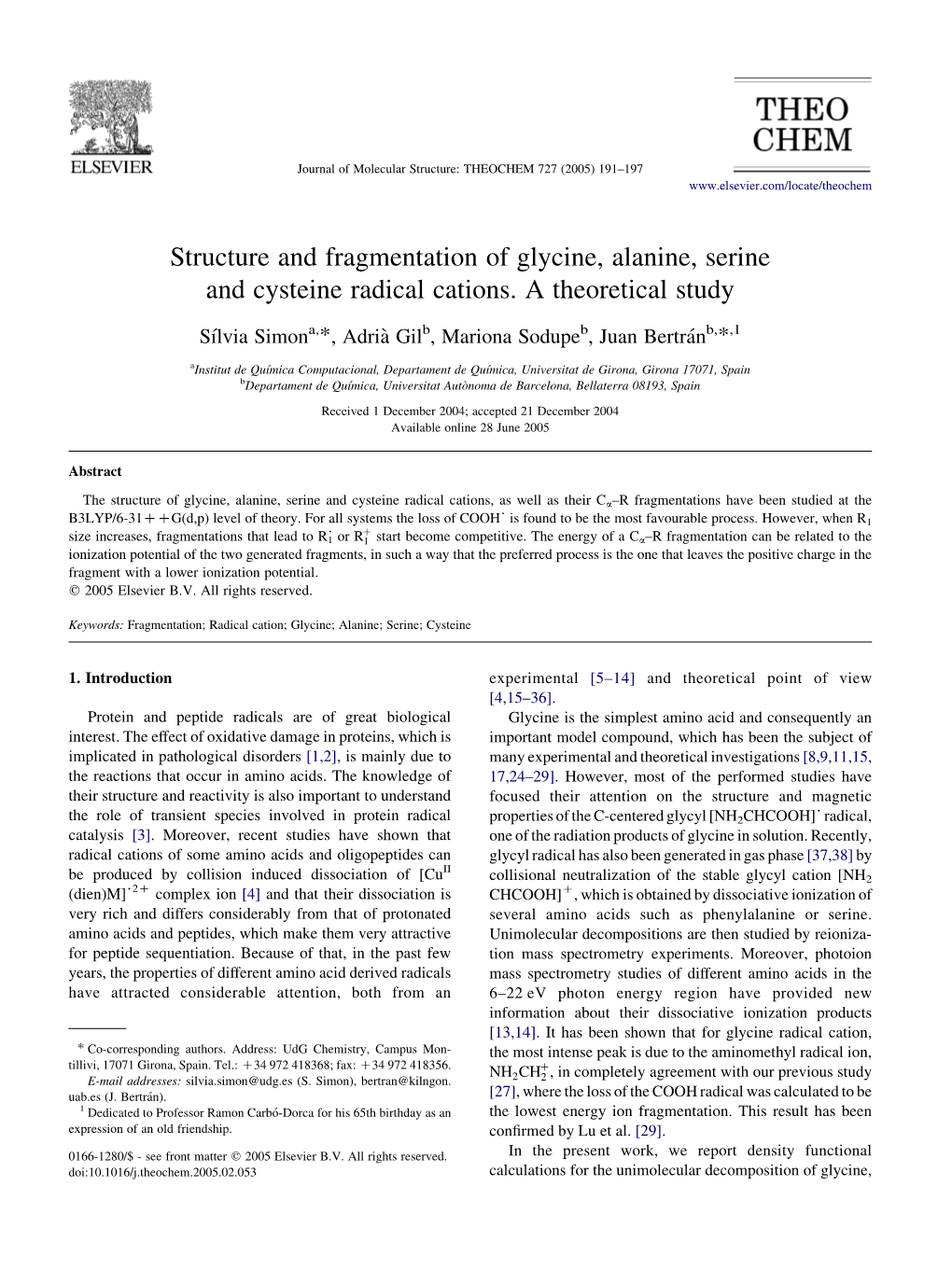 Structure and Fragmentation of Glycine, Alanine, Serine and Cysteine Radical Cations. a Theoretical Study