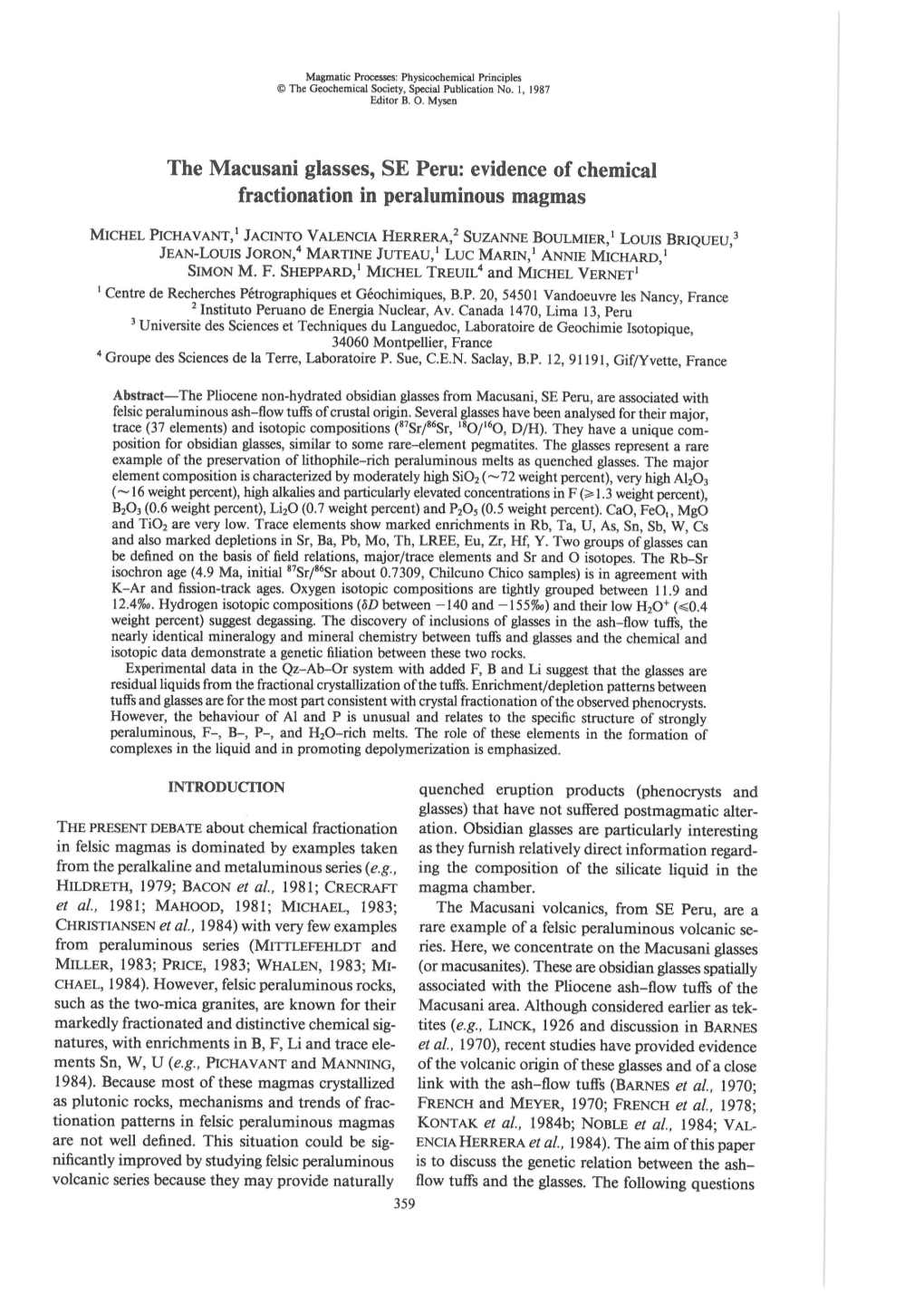 The Macusani Glasses, SE Peru: Evidence of Chemical Fractionation in Peraluminous Magmas