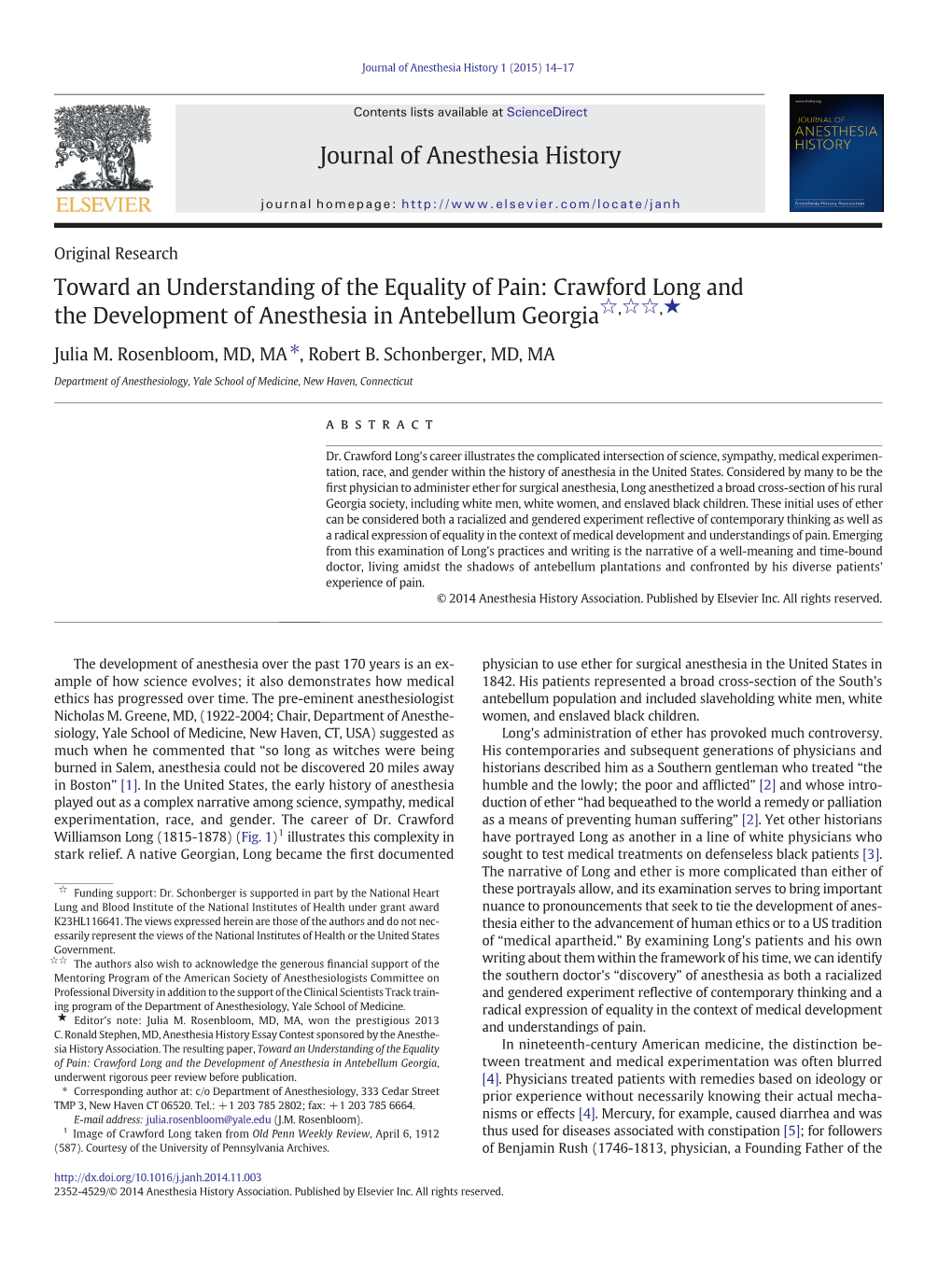 Toward an Understanding of the Equality of Pain: Crawford Long and the Development of Anesthesia in Antebellum Georgia