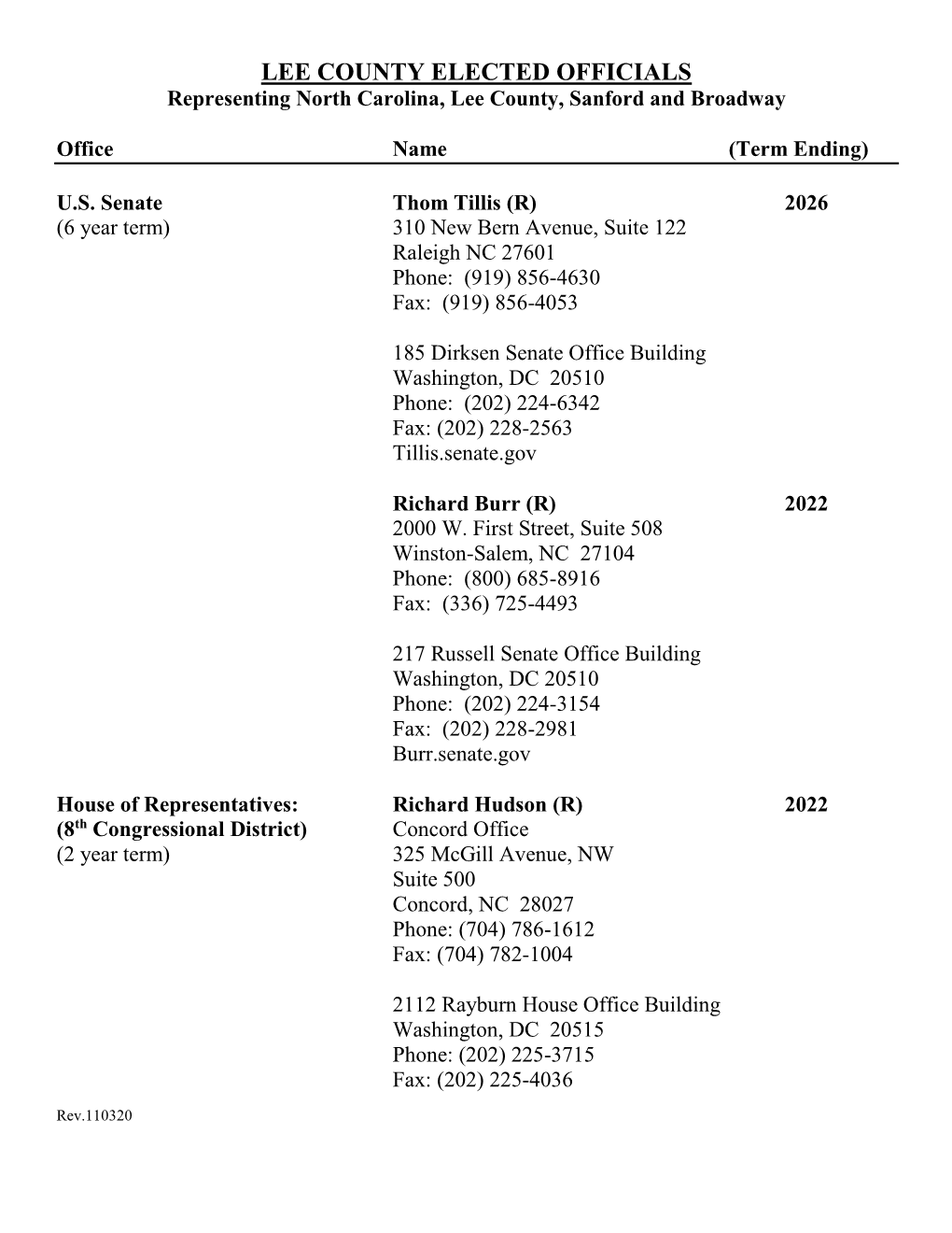 LEE COUNTY ELECTED OFFICIALS Representing North Carolina, Lee County, Sanford and Broadway