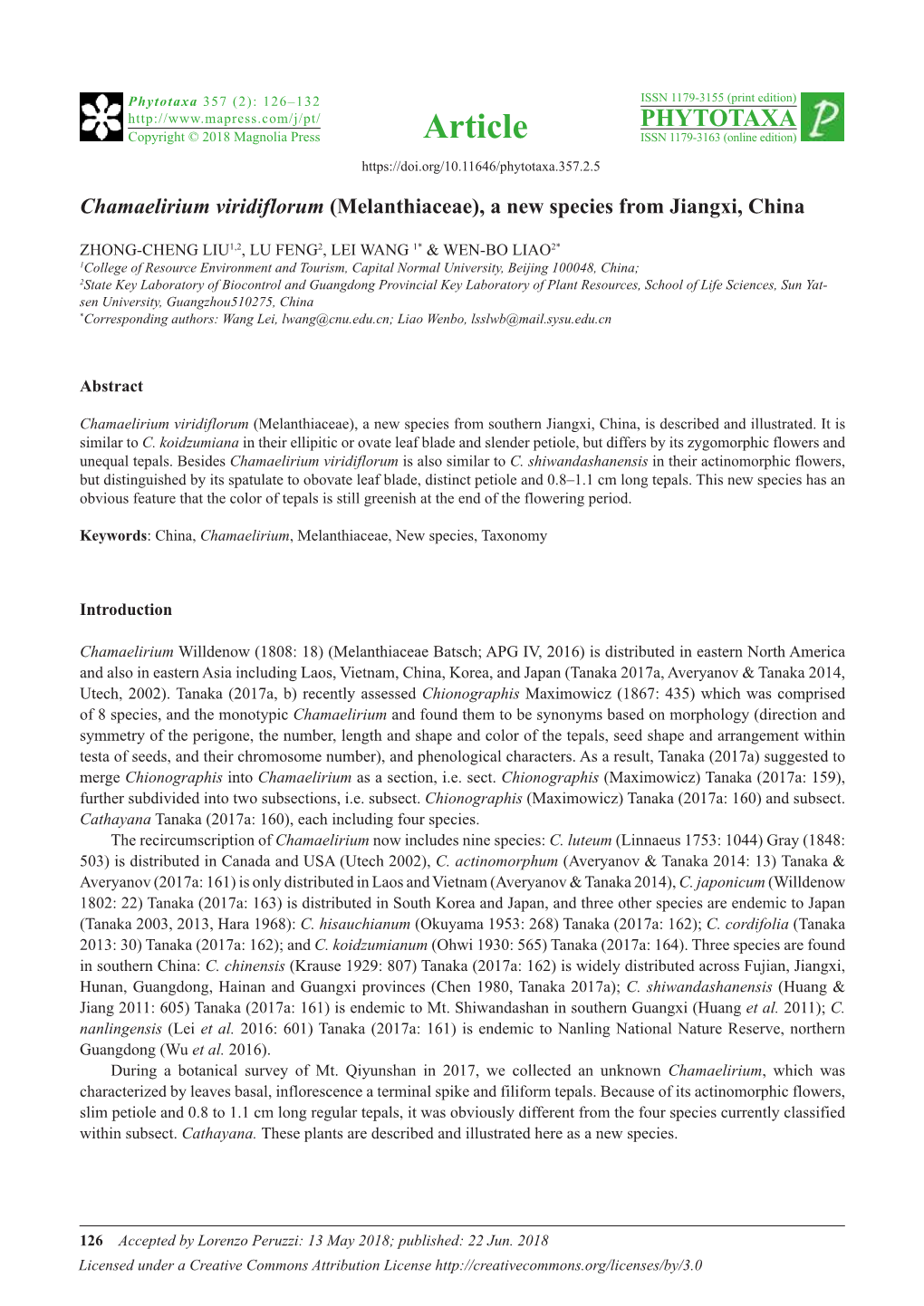 Chamaelirium Viridiflorum (Melanthiaceae), a New Species from Jiangxi, China
