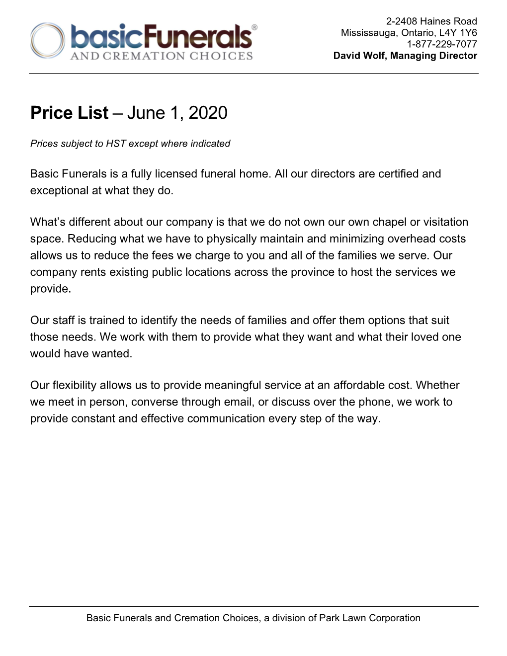 Price List – June 1, 2020