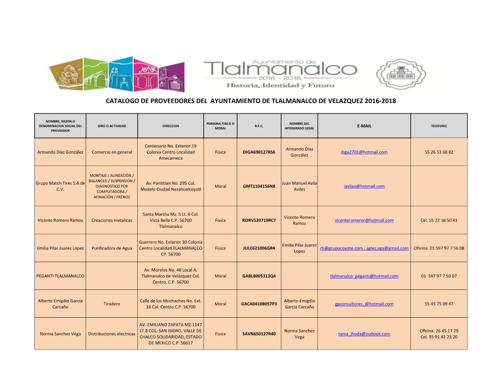 Catalogo De Proveedores Del Ayuntamiento De Tlalmanalco De Velazquez 2016-2018