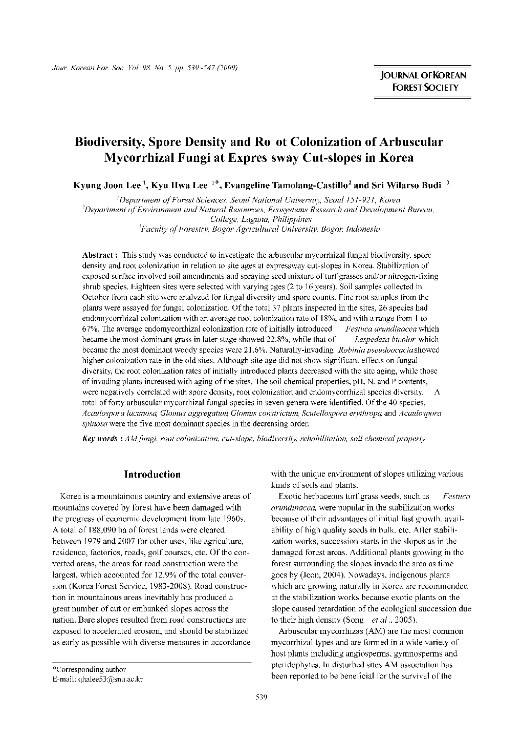 Biodiversity, Spore Density and Root Colonization of Arbuscular Mycorrhizal Fungi at Expressway Cut-Slopes in Korea