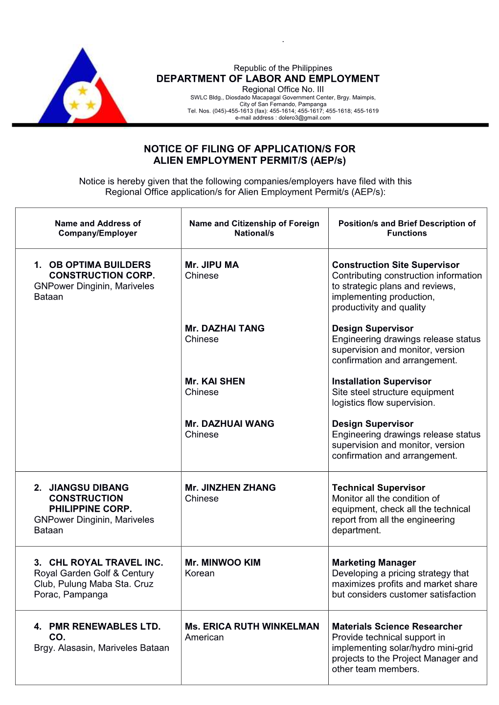 Department of Labor and Employment Notice of Filing