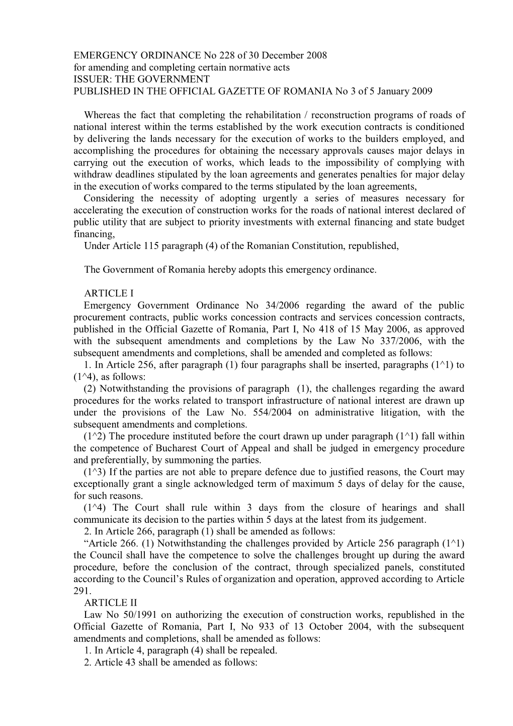 EMERGENCY ORDINANCE No 228 of 30 December 2008 for Amending