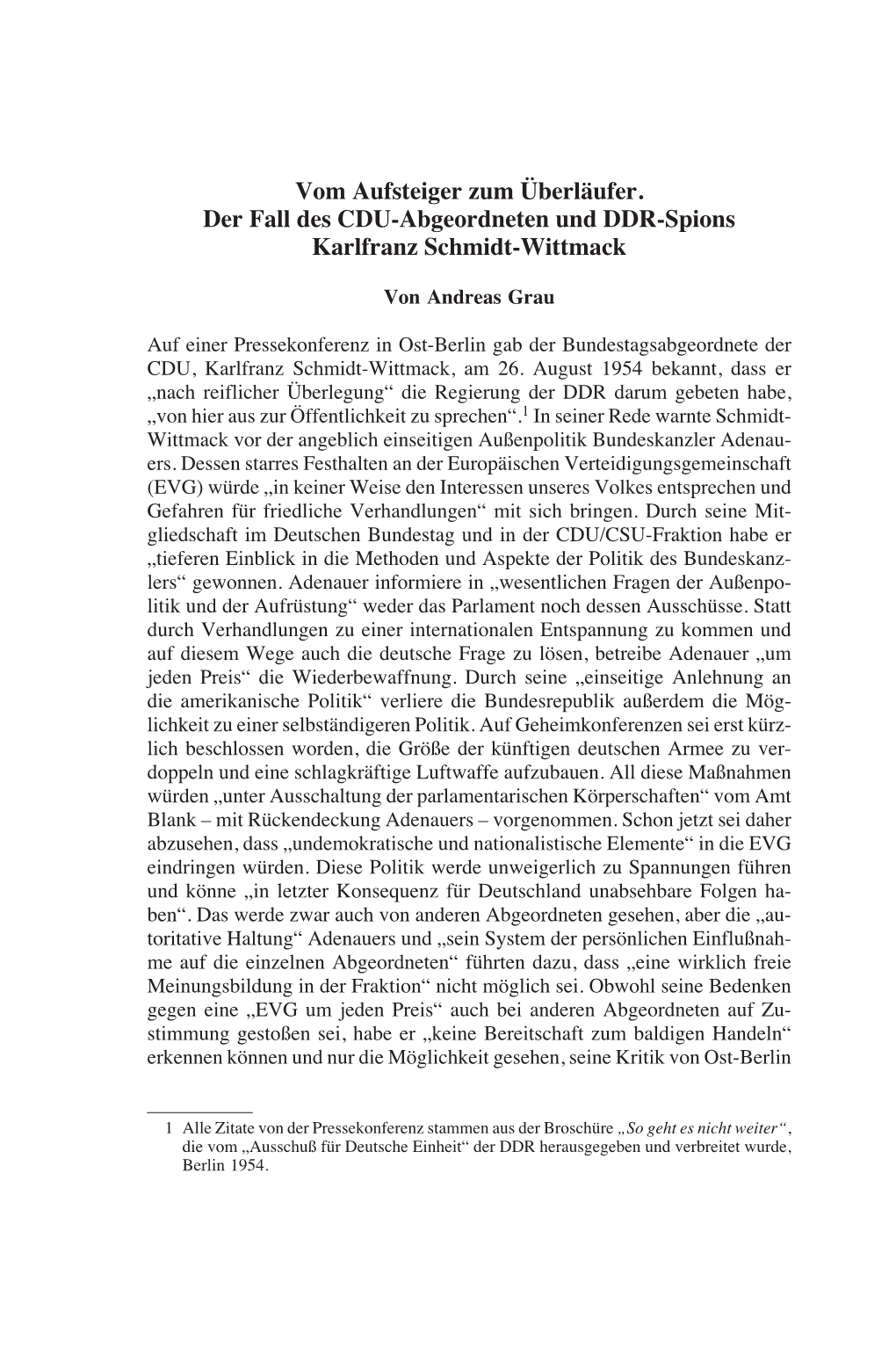 Vom Aufsteiger Zum Überläufer. Der Fall Des CDU-Abgeordneten Und DDR-Spions Karlfranz Schmidt-Wittmack