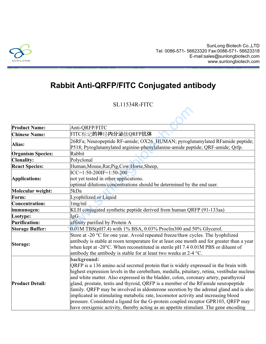 Rabbit Anti-QRFP/FITC Conjugated Antibody