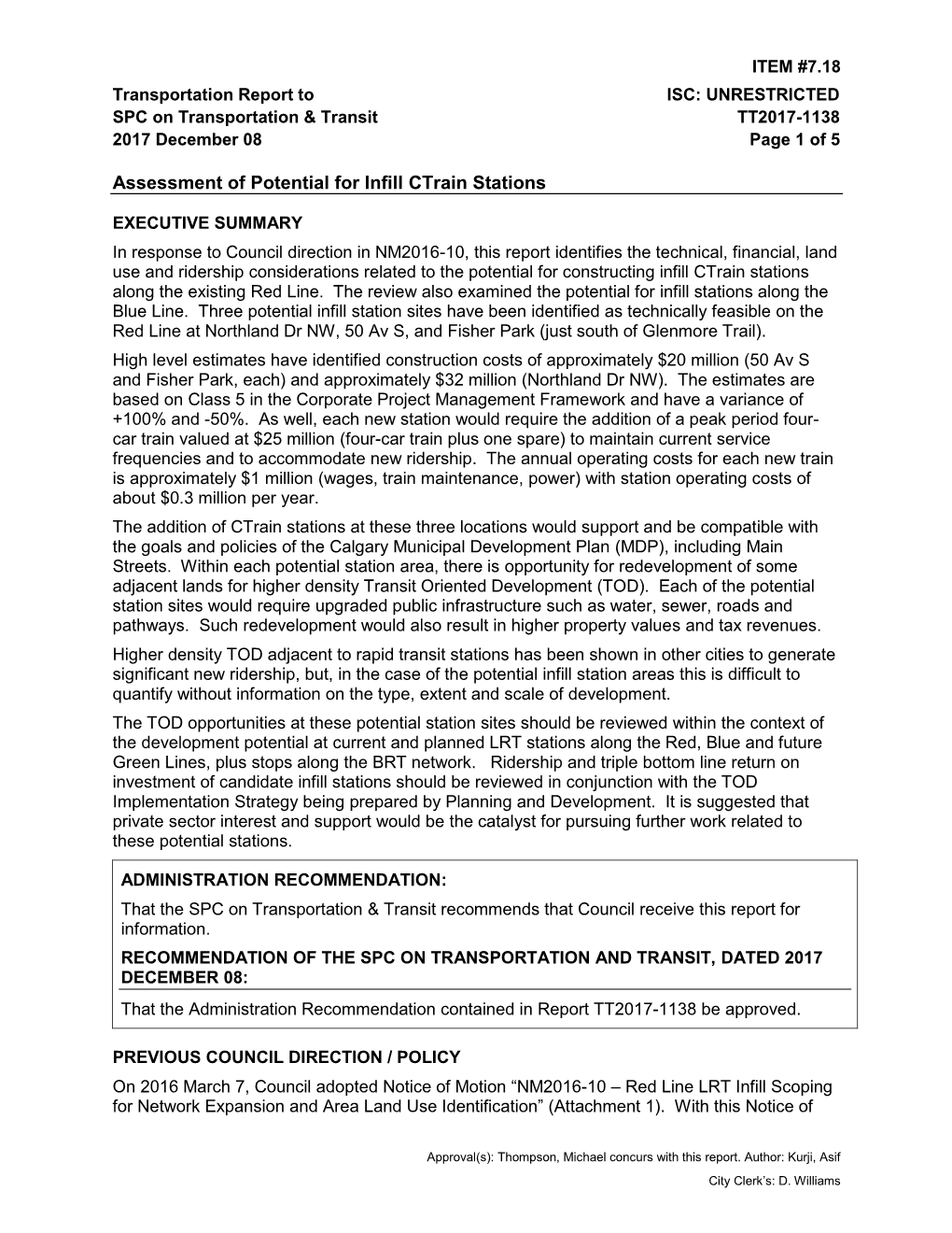 Assessment of Potential for Infill Ctrain Stations