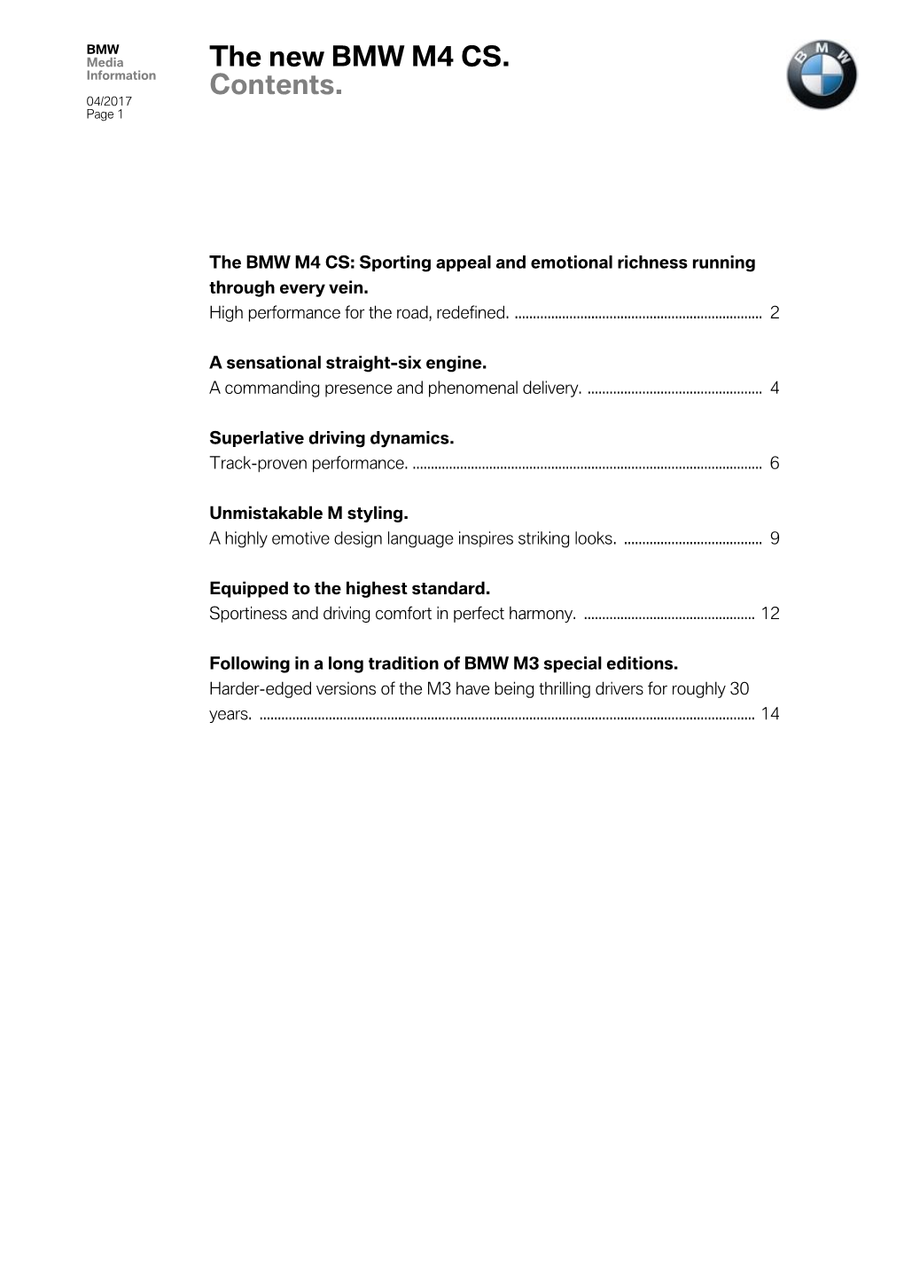 The New BMW M4 CS. Contents