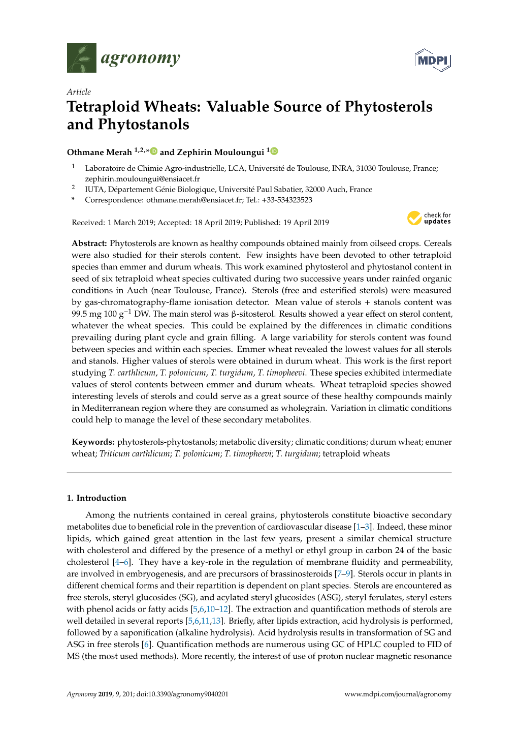 Tetraploid Wheats: Valuable Source of Phytosterols and Phytostanols