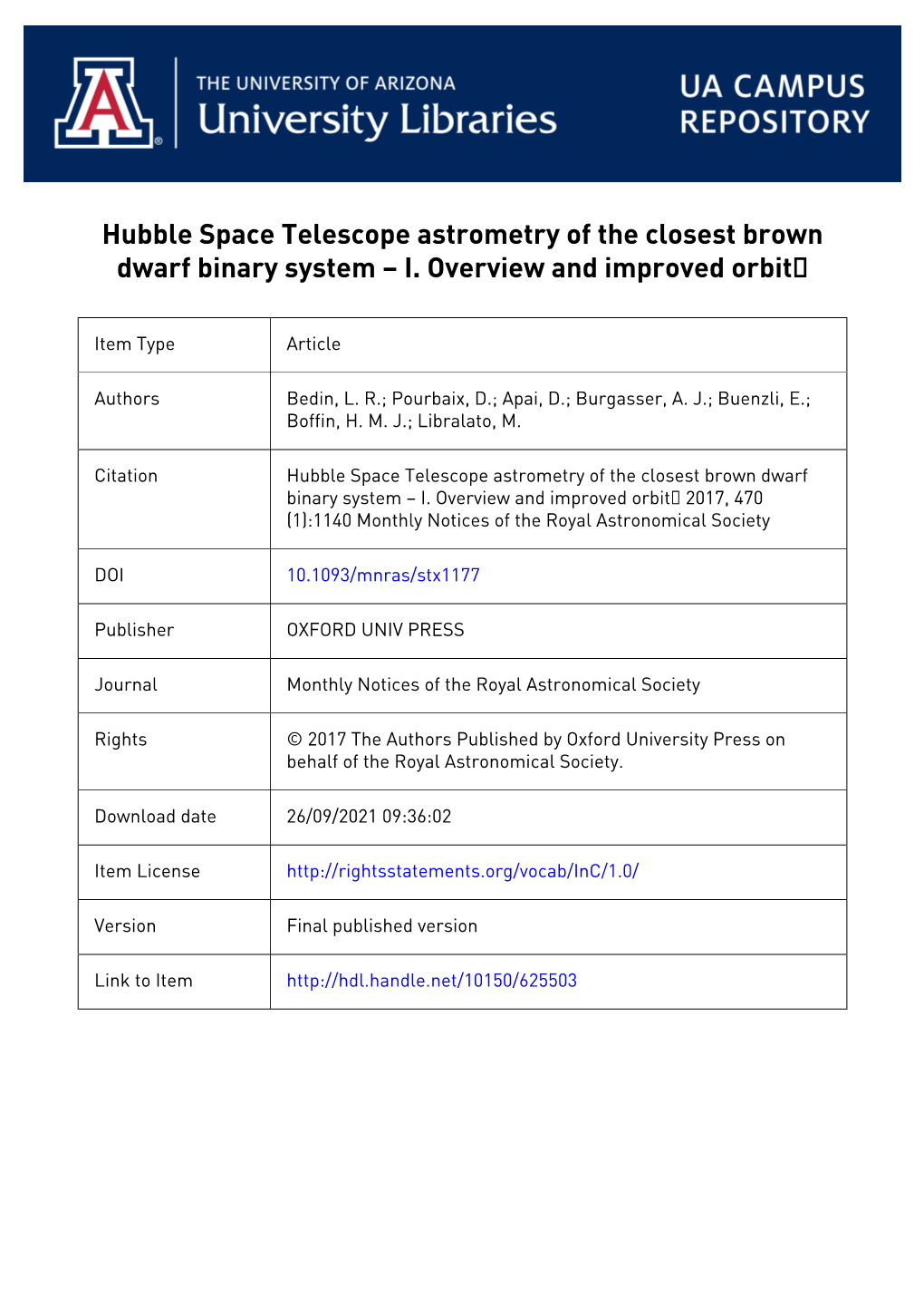 Hubble Space Telescope Astrometry of the Closest Brown Dwarf Binary System – I