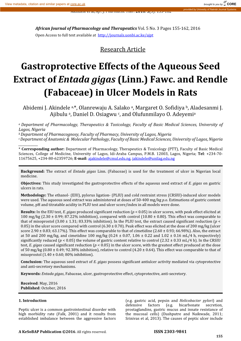 Gastroprotective Effects of the Aqueous Seed Extract of Entada Gigas (Linn.) Fawc