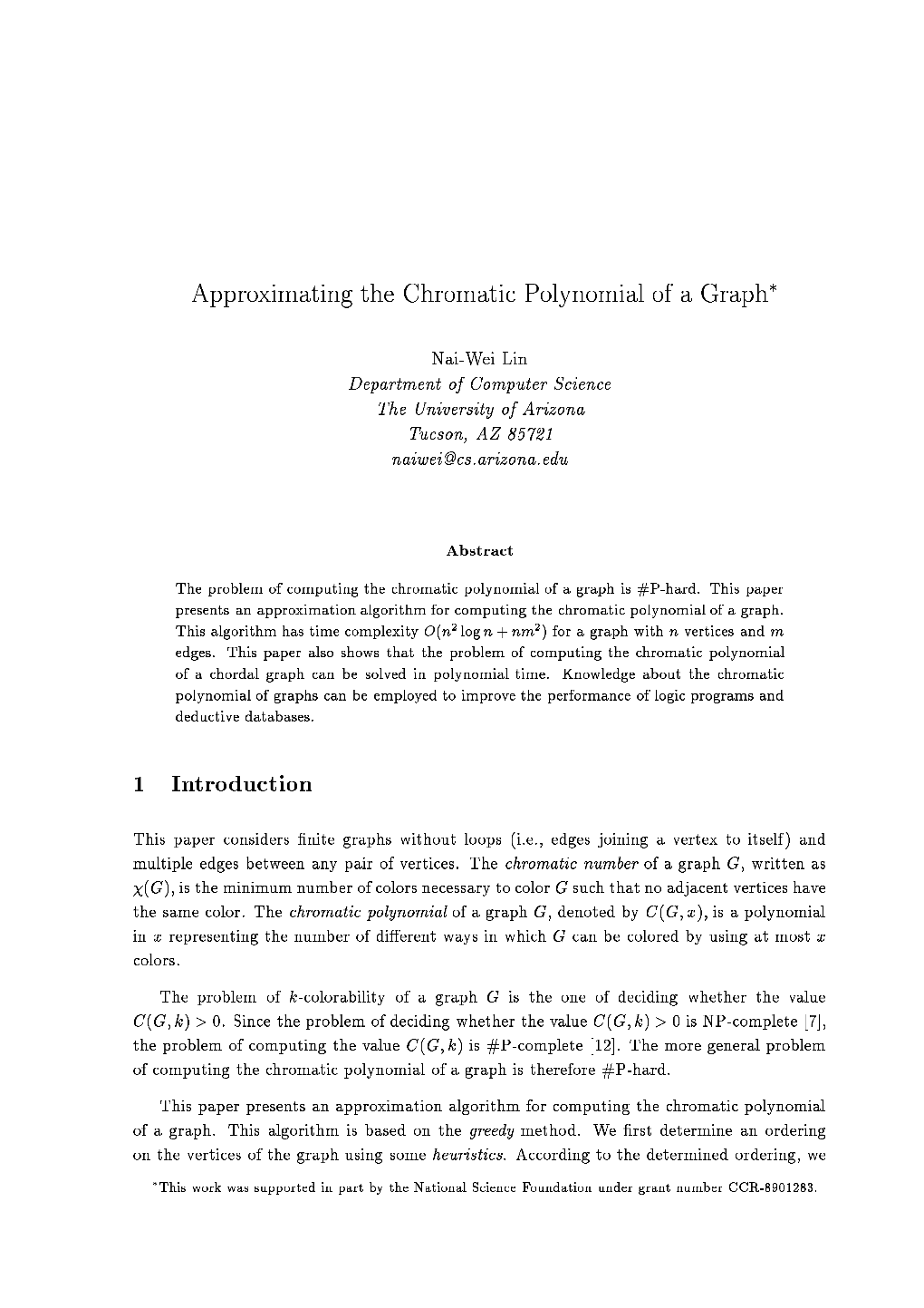 Approximating the Chromatic Polynomial of a Graph 1 Introduction