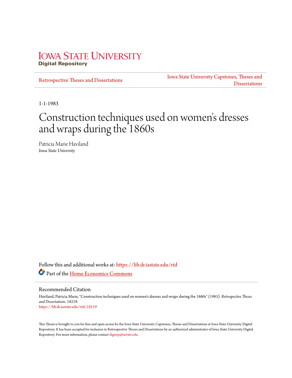 Construction Techniques Used on Women's Dresses and Wraps During the 1860S Patricia Marie Haviland Iowa State University